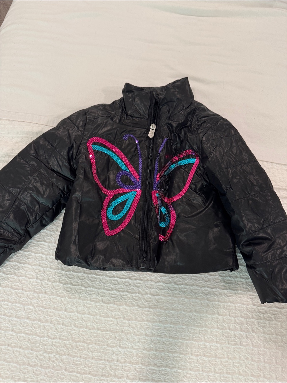 Peek Black Puffer Jacket with Pink and Teal Sequin Butterfly